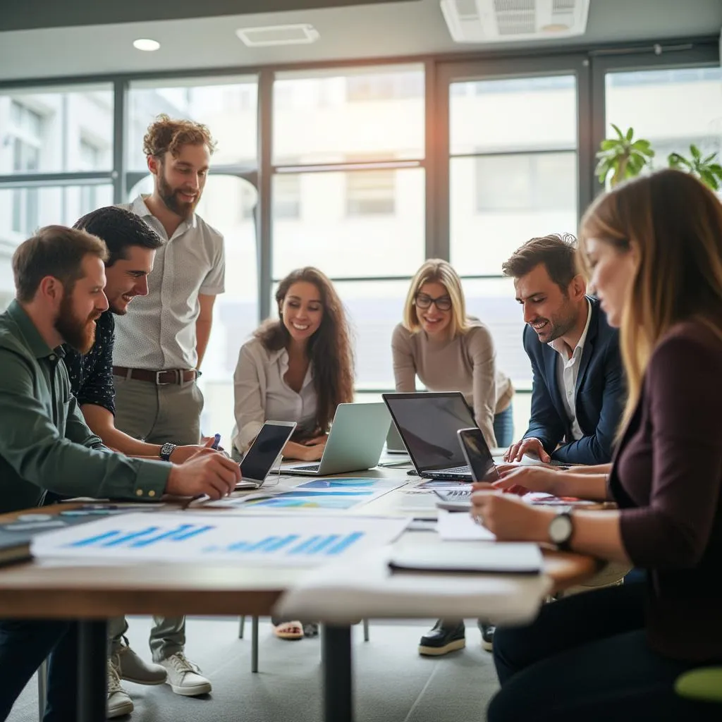 Equipo de consultoría discutiendo estrategias en una oficina moderna